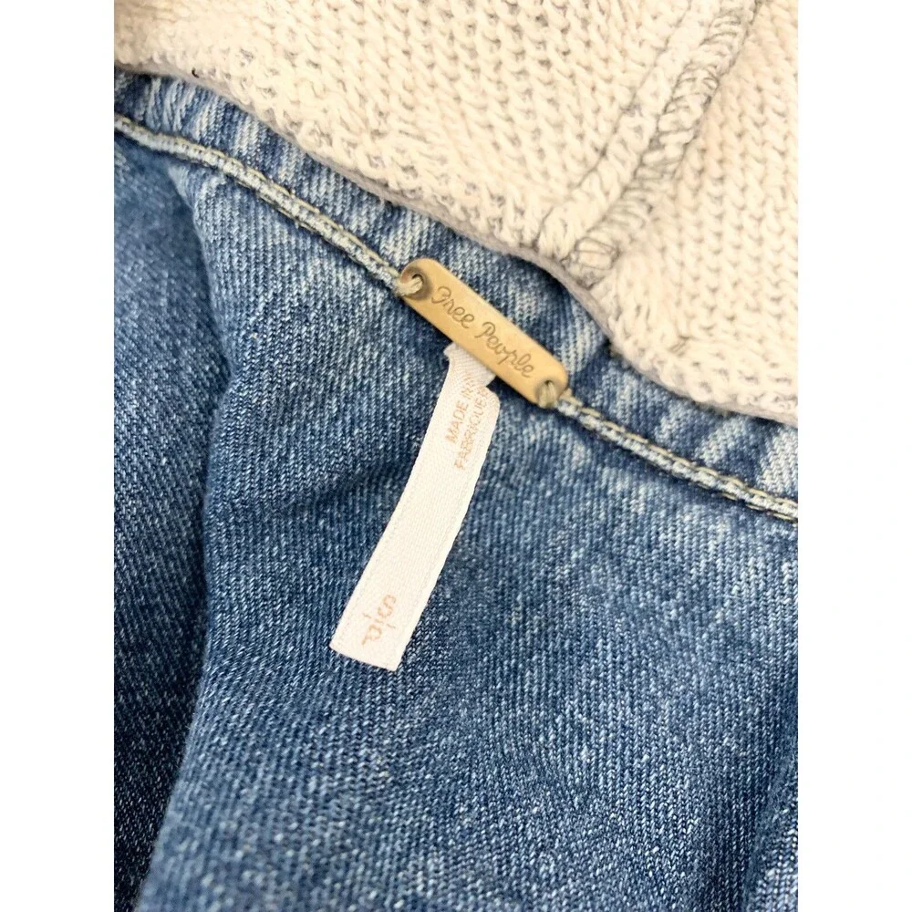 Free People Blue Denim Jacket XS X Small 17” Sweat Hoodie Sleeves Distressed